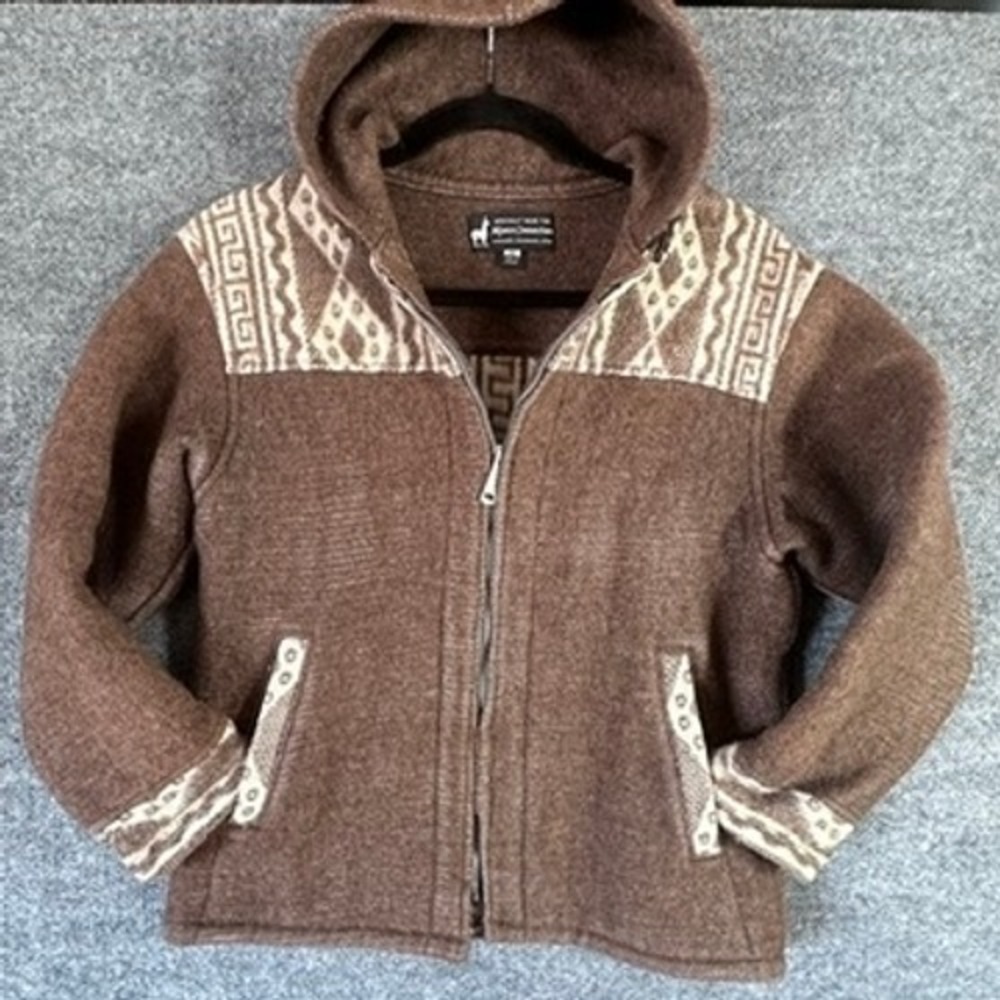 Alpaca Connection Wool Hooded Geometric Zip Up Jacket Ecuador Sz M Gorpcore Boho